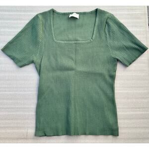 EUC Allie Rose Ribbed Knit Top Green Square Neck Short Sleeve Size L